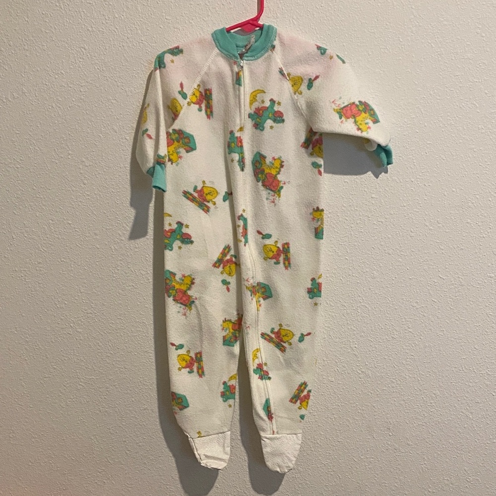 White Printed Footed One-Piece Pajama with Teal Trim and Playful Characters